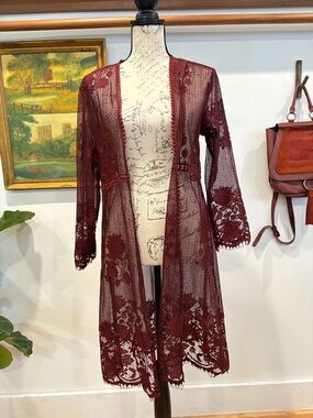 Paper Crane Burgundy Lace Sheer Boho Romantic Dustery